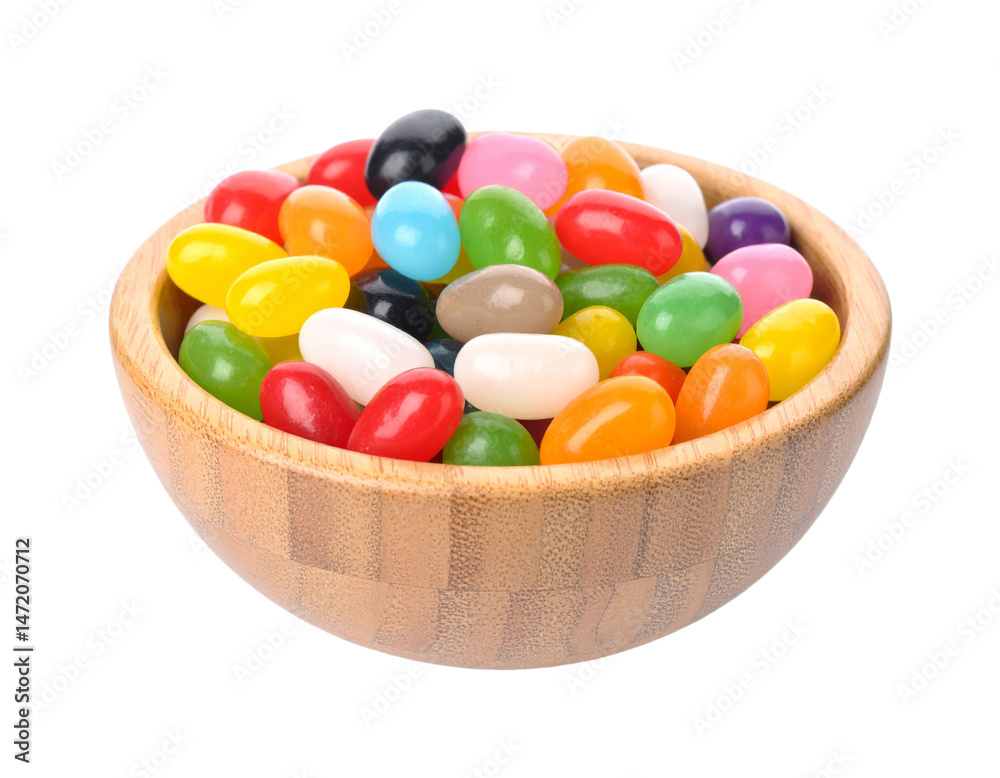 Colorful Jelly Beans in Wooden Bowl Isolated Sweet Candy Assortment Treat Food Snack