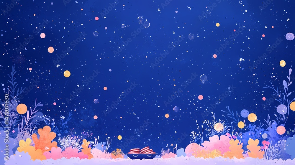 Fototapeta premium Whimsical Underwater Scene, Fantasy underwater world with colorful coral and floating bubbles.