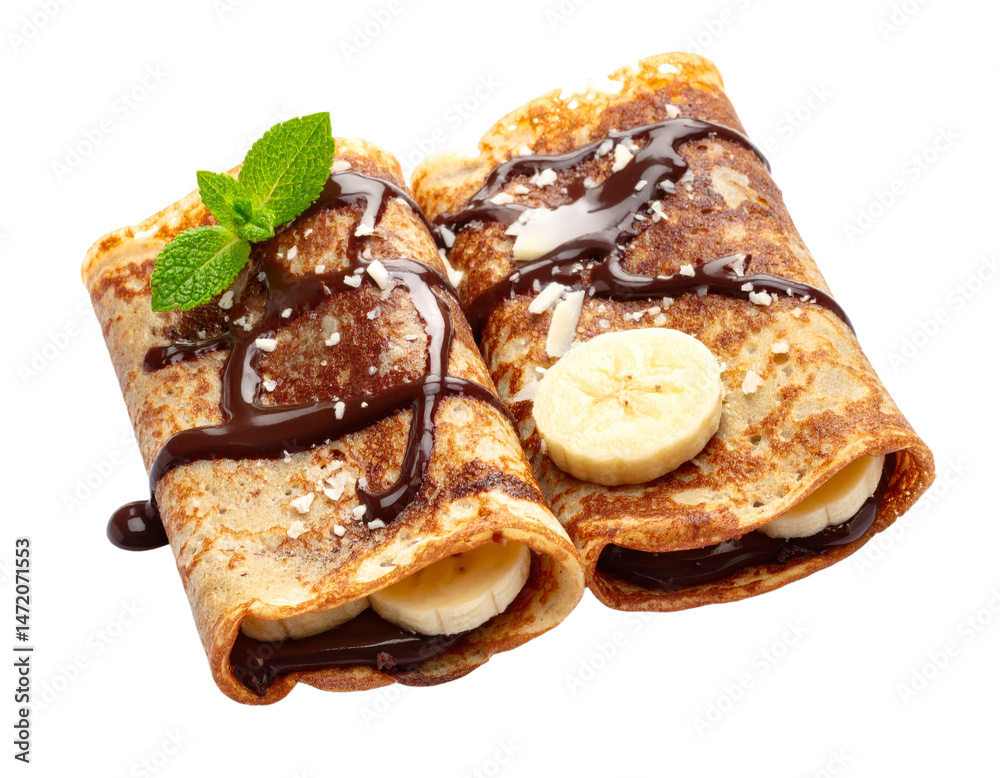 Delicious Pancakes with Banana and Chocolate Isolated on Transparent Background