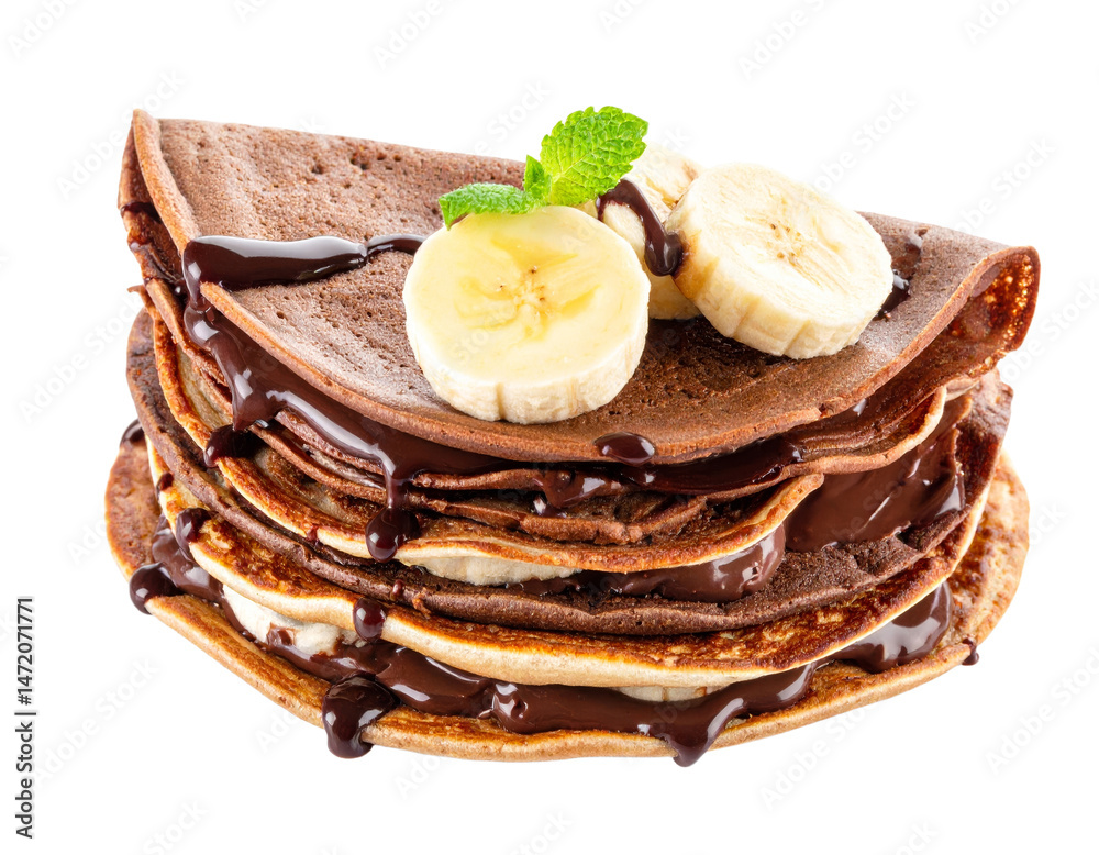 Chocolate Banana Pancakes Stack Isolated Delicious Dessert on Transparent Background