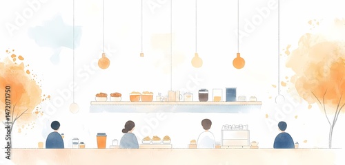 Watercolor illustration of a cafe in autumn, Cozy autumn cafe illustration