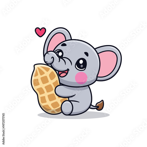 Cute Cartoon Elephant Hugging Nuts Illustration Icon Vector, Animals Food, Cartoon Style Flat