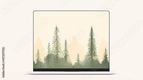 Minimalist Forest Laptop Wallpaper, Calm nature scene on laptop screen. Green trees, fog, minimalist style.