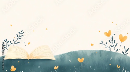 Open Book in a Meadow, Peaceful book in nature scene. Reading, relaxation, spring.