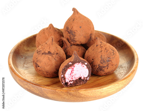 Obraz na płótnie Chocolate Truffles with Pink Filling Isolated Gourmet Dessert on Transparent Background w salonie
