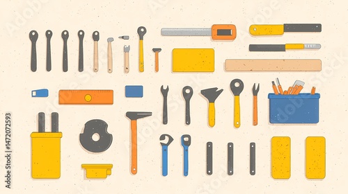 Hand Tools Collection Illustration, Flat lay of various hand tools. Perfect for DIY, repair, and construction projects.