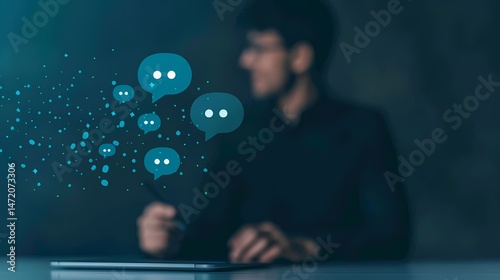 Digital Communication, Online Messaging, Man using digital device, chat bubbles floating.