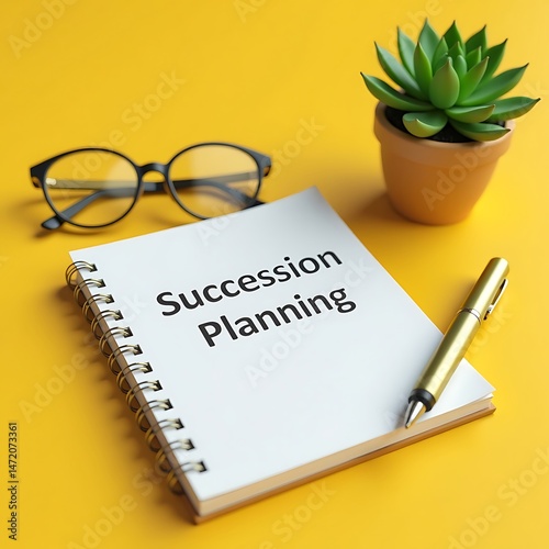 Succession Planning Notepad on Bright Yellow Backdrop with Pen, Glasses, and Succulent Plant - Business Strategy and Future Leadership Concept        