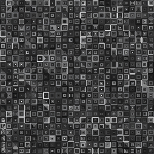 A complex, abstract seamless pattern featuring a dense arrangement of nested black, white, and gray squares of varying sizes, creating a digital or pixelated texture with a sense of depth.