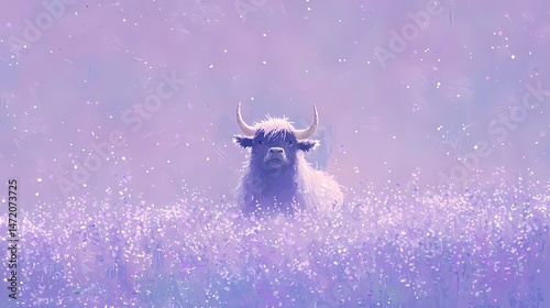 Highland Cow in Lavender Field, White Highland cow in a purple lavender field.