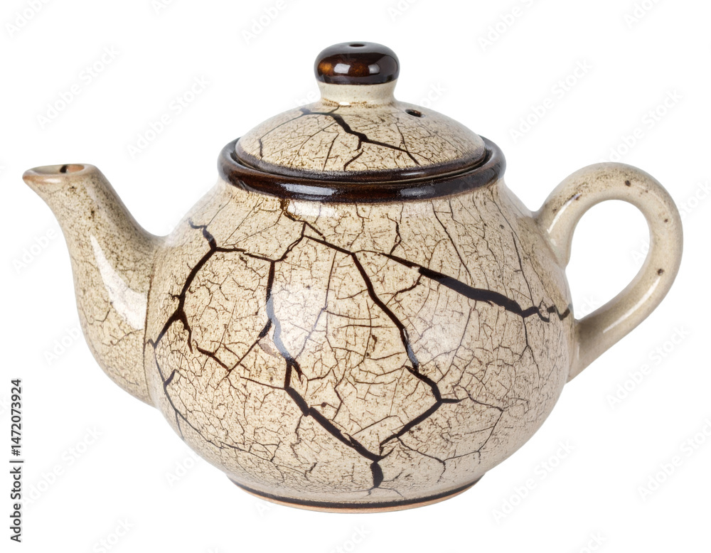 Isolated Crackled Ceramic Teapot for Tea Time Beverage Service Kitchenware