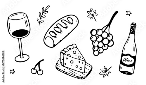 Black and white hand drawn illustrations of wine, cheese, bread, grapes, and herbs isolated on transparent background. Food and drink doodles for menus, packaging, branding and invitation. Vector art.
