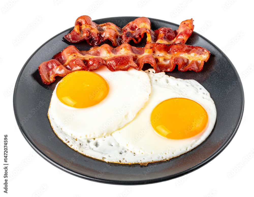 Crispy Bacon and Fried Eggs Breakfast Meal on Dark Plate Food Photography