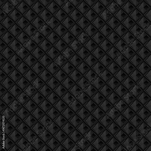A seamless, repeating pattern of dark black, three-dimensional square pyramids arranged diagonally, creating a textured and slightly raised surface.