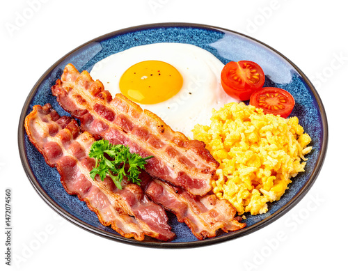 Obraz na płótnie Delicious breakfast plate with fried egg bacon tomato and scrambled eggs full of nutrition w salonie