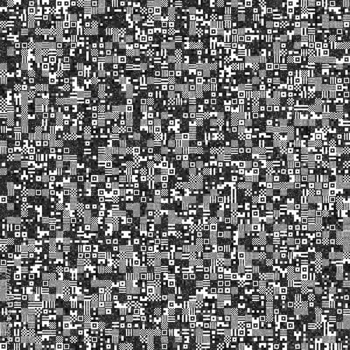 A complex, abstract seamless pattern featuring a high density of small black, white, and gray geometric shapes, including squares, rectangles, circles, and lines, creating a digital or pixelated noise