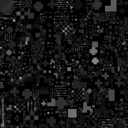 A dark, abstract seamless pattern composed of various sized black and gray squares and rectangles, creating a pixelated or digital noise texture.