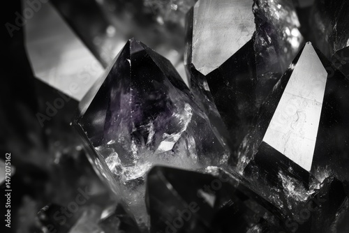 Close-up shot of black amethyst crystals showcasing sharp edges and intricate internal structures with a monochrome palette and macro perspective.
