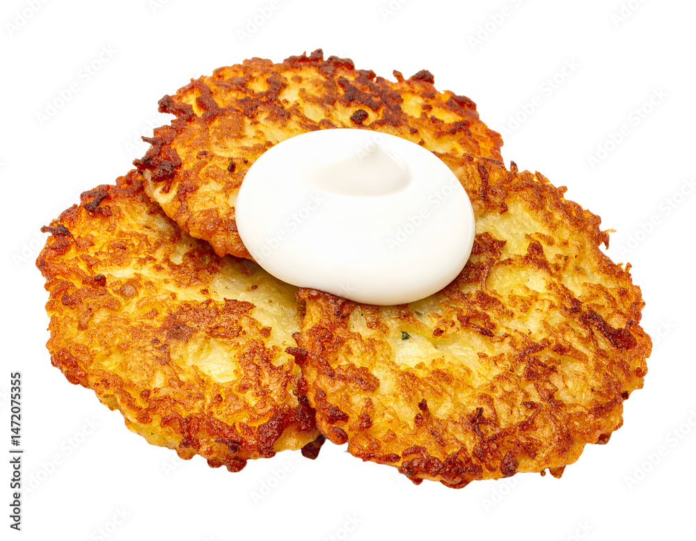 Potato Latkes with Sour Cream Traditional Hanukkah Food Isolated Object Transparent