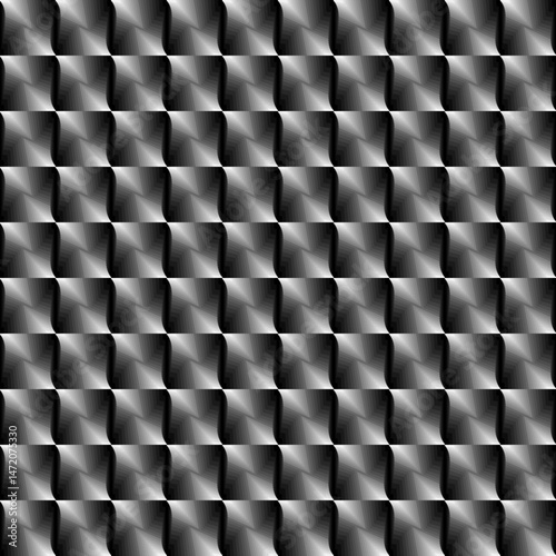 A seamless, repeating pattern of black and metallic gray volumetric square tiles arranged in a grid, creating a textured and slightly three-dimensional mosaic effect with subtle light and shadow.