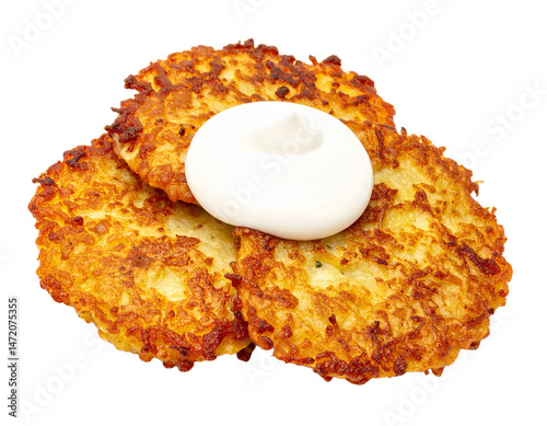 Obraz na płótnie Potato Latkes with Sour Cream Traditional Hanukkah Food Isolated Object Transparent w salonie
