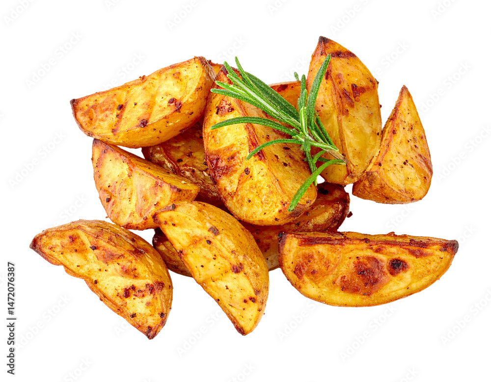 Roasted Potato Wedges with Rosemary Isolated on Transparent Background PNG File