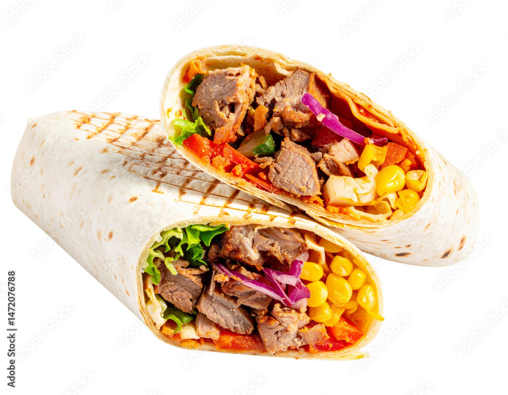 Delicious Shawarma Wrap with Meat and Fresh Vegetables Isolated on Transparent Background
