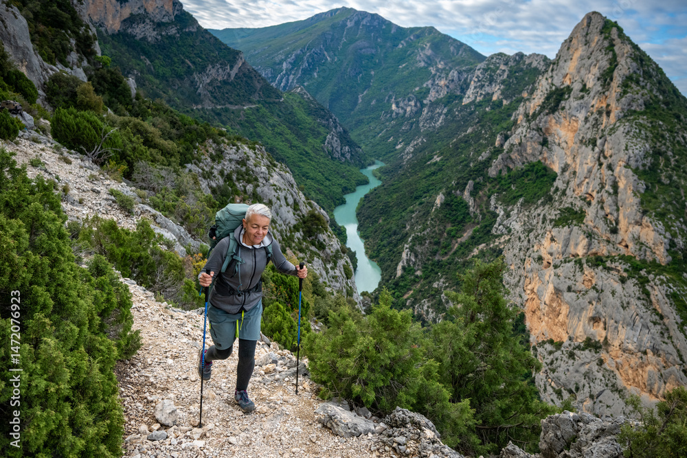 Female hiker Hiking in the Verdon National Park France Female hiker Hiking in the Verdon National Park France