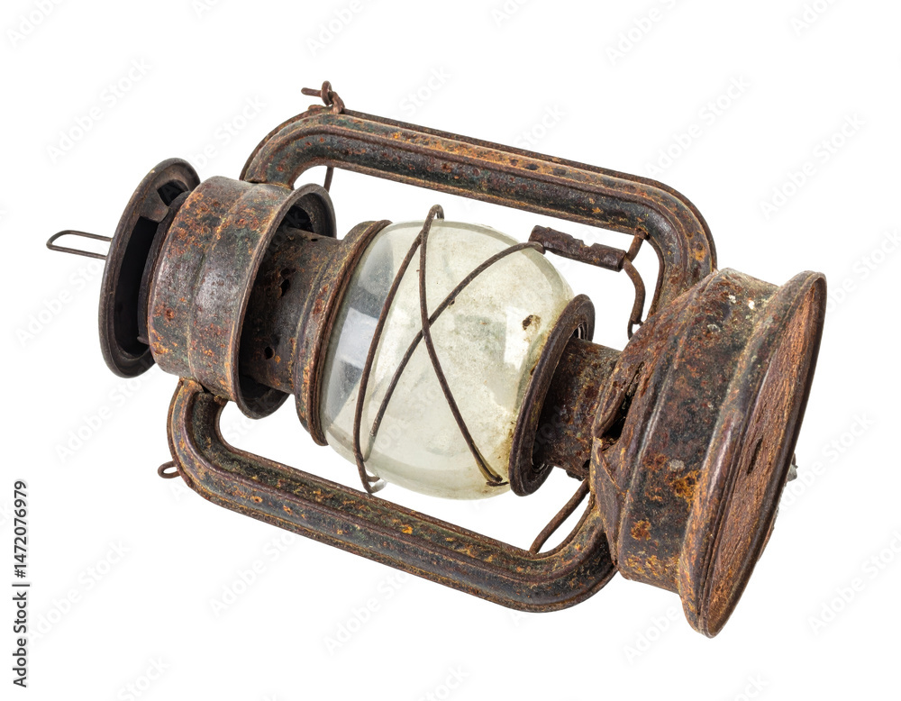 Antique Rusty Lantern Isolated Transparent Background Vintage Metal and Glass Lamp