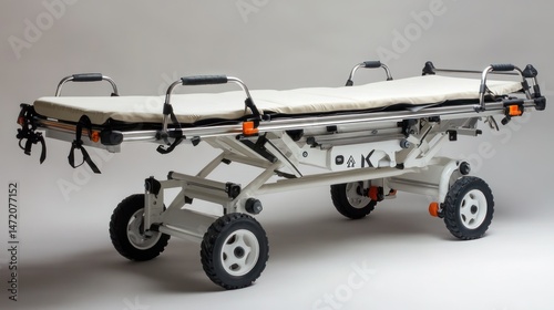 Portable medical stretcher with adjustable features.  Features a lightweight design,  easy maneuverability on wheels,  padded surface for patient comfort, and  adjustable height for transport