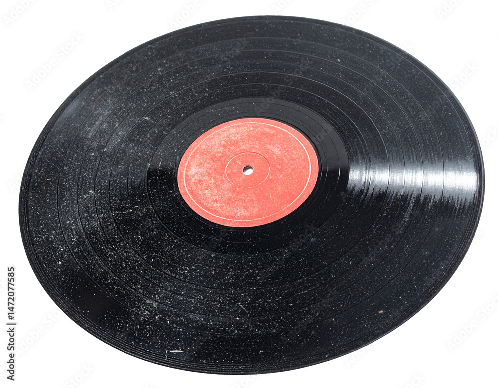 Isolated Vintage Vinyl Record Music Disc with Red Label on Transparent Background