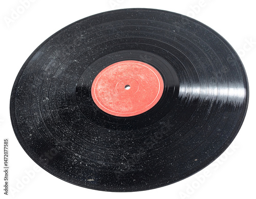 Obraz na płótnie Isolated Vintage Vinyl Record Music Disc with Red Label on Transparent Background w salonie