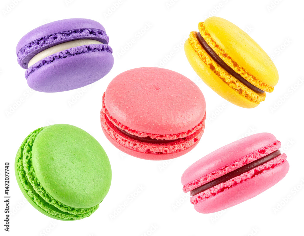 Colorful macarons isolated on transparent background French pastries sweets dessert
