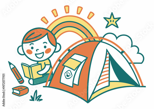 Whimsical Camping Scene with Happy Cartoon Character Reading by Campfire – Vibrant Digital Illustration with Mountains and Sun