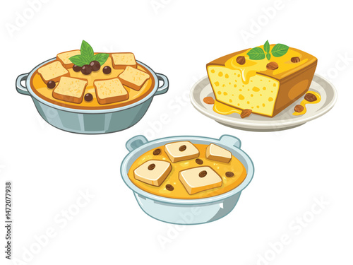 vector illustration of a Bread and Butter Pudding (Baked Dessert Made with Slices of Bread, Custard, and Raisins)