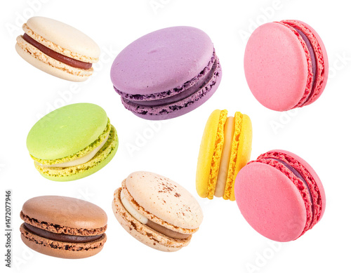 Obraz na płótnie Colorful Macarons Isolated French Pastry Sweet Dessert Confection Isolated PNG w salonie