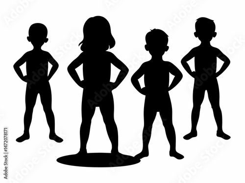Silhouette of Four Standing Figures in Minimalist Abstract Style with Simple Shapes and Flat Black and White Design – Moody and Atmospheric Composition for Conceptual Visual Art