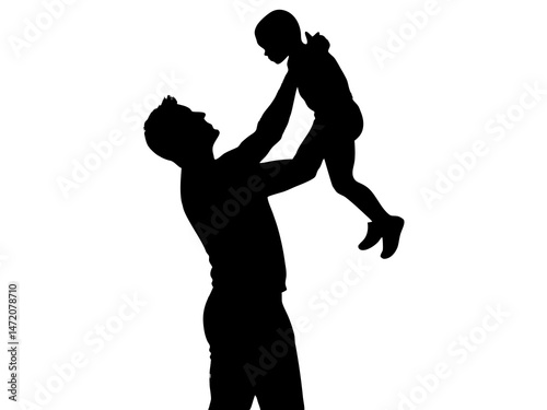 Black and White Silhouette of Man Holding Child Up in the Air – Heartfelt Family Moment Illustration