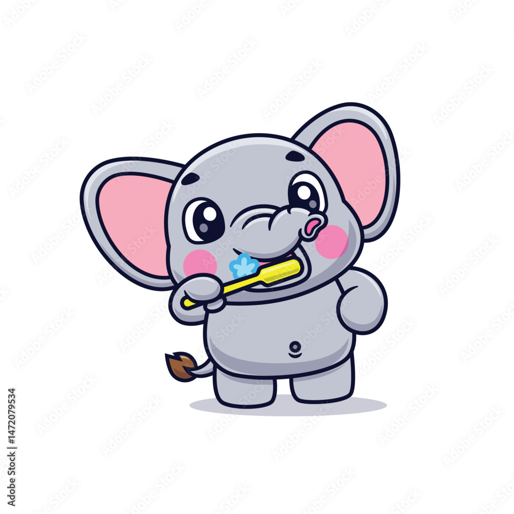Fototapeta premium Cute Cartoon Elephant Brushing Teeth Illustration Icon Vector, Animals Healthcare, Cartoon Style Flat