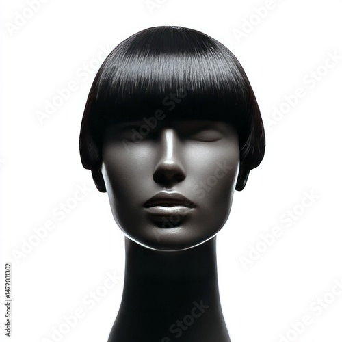 Serene ebony mannequin with futuristic bob haircut, echoing avant-garde aesthetics, resembles an enigmatic sci-fi festival effigy photo