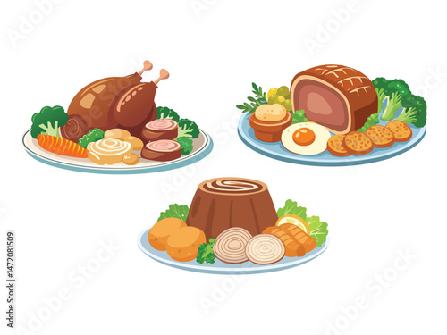vector illustration of a Sunday Roast (Roast Meat Served with Vegetables, Gravy, and Yorkshire Pudding)