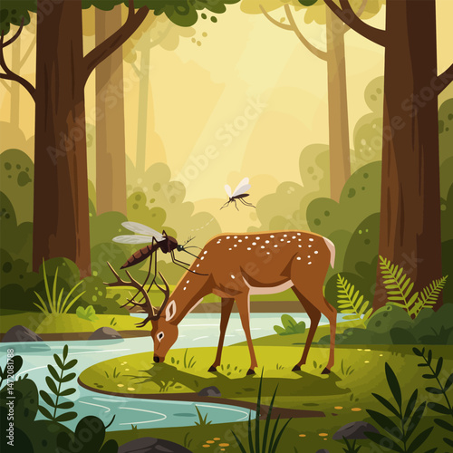 Deer Drinking Water Near Stream with Mosquitoes in Forest Scene