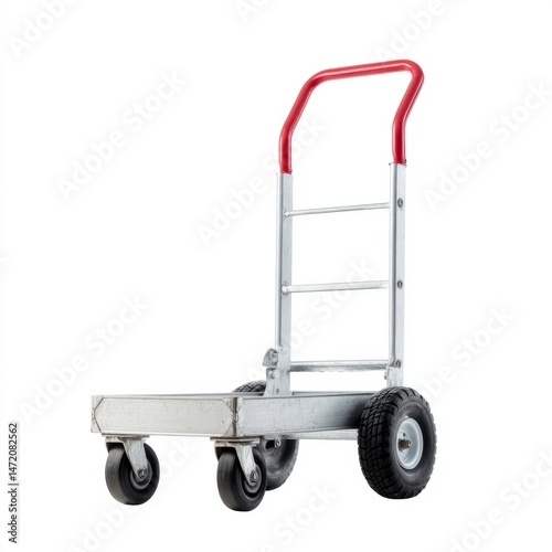 Sturdy industrial dolly with vibrant red handle, ready for Labor Day hauls or quirky steampunk festival logistics