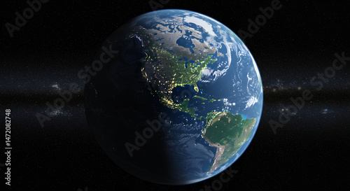 Earth From Space: Night Lights of North America & South America. A Stunning Globe View With Visible City Lights & Cosmic Background.