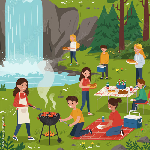 People Enjoying a Picnic and Barbecue Near a Flowing Waterfall