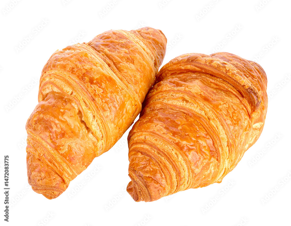 Two Golden Croissants Pastry Bread Isolated on Transparent Background Food Photography