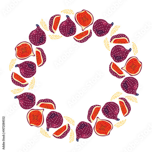 Fig frame. Round seasonal fruit border. Hand drawn chopped and whole fruit design template. Fig frame with copy space. Summer tropical background with figs. Circular template, poster, invitation.