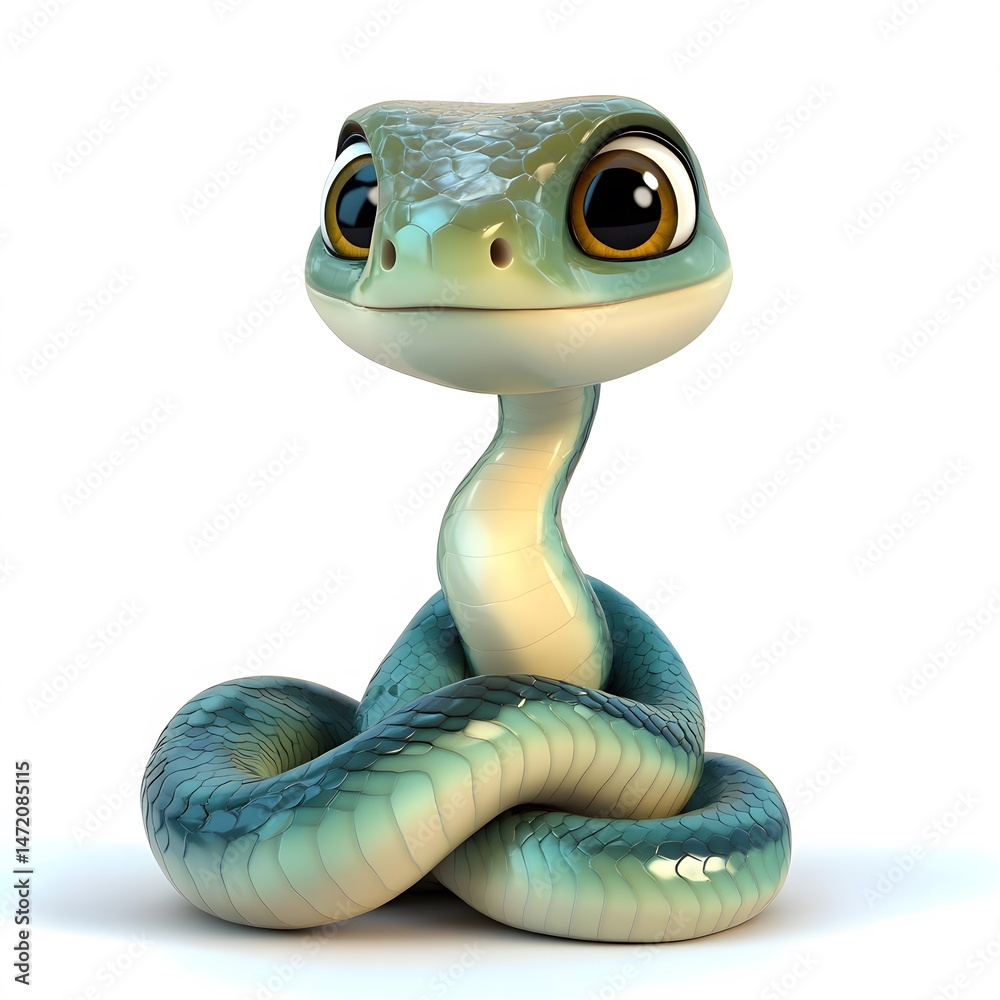 Fototapeta premium Cute Snake cartoon character 3D white backround