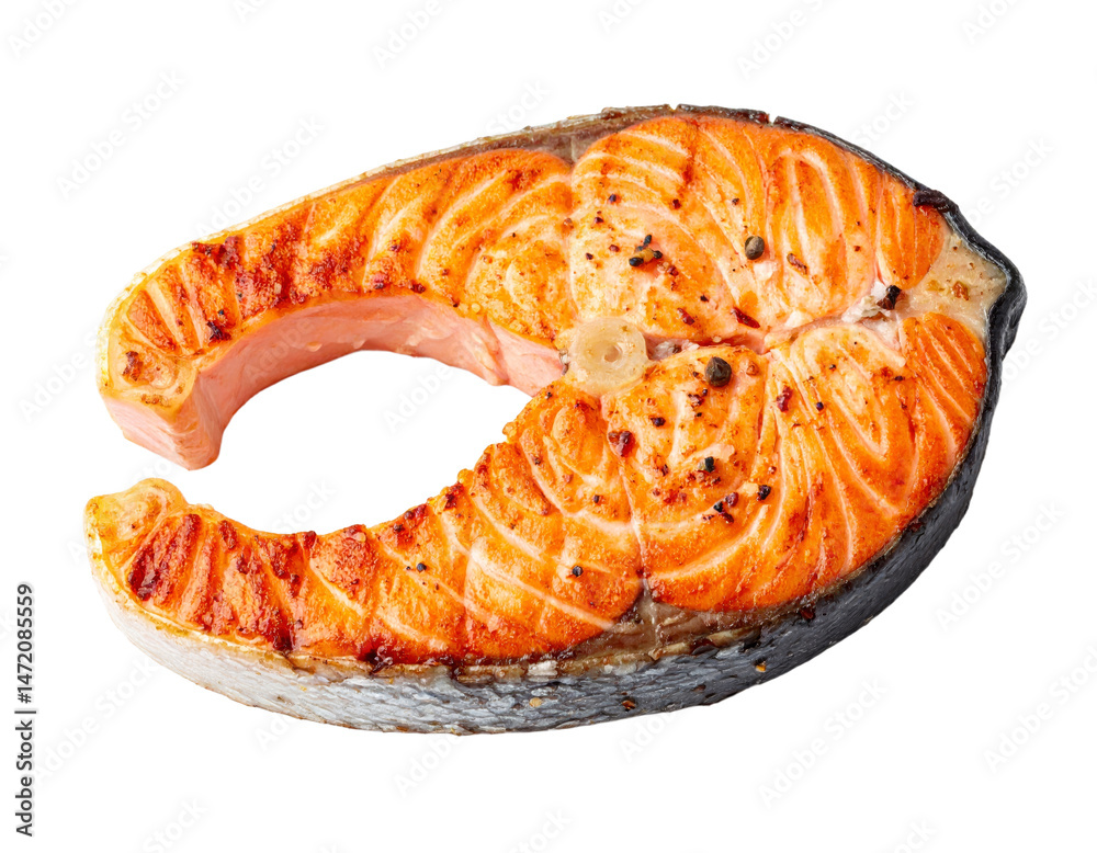 Salmon Steak Isolated Delicious Grilled Fish Seafood Healthy Meal Isolated PNG