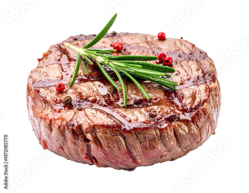 Grilled Beef Steak with Rosemary and Pepper Isolated on Transparent Background